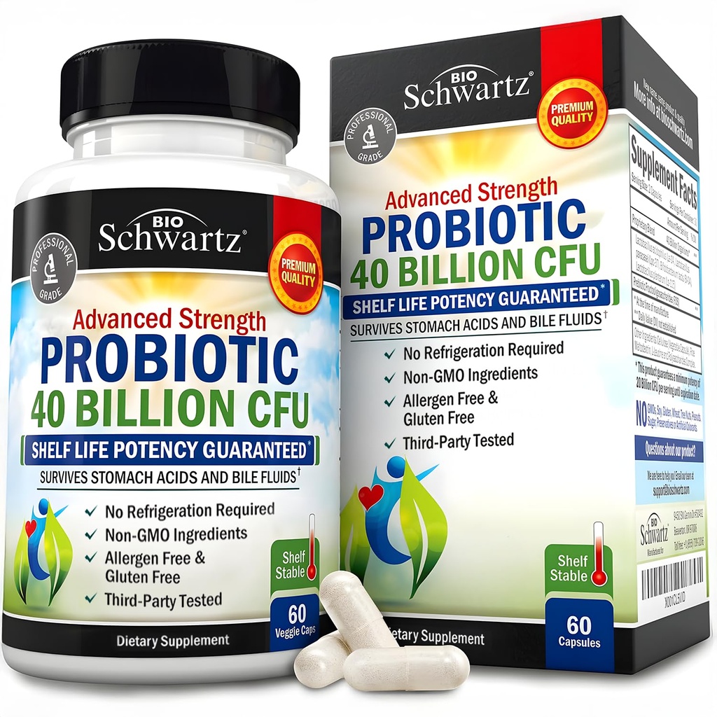 BioSchwartz Daily Probiotic Nutritional Supplement - 40 Miljard CFU for Gut Health - Probiotica for Men and Women - Digestive Health with Astragalus & Lactobacillus - Shelf Stable - 60 Tel.
