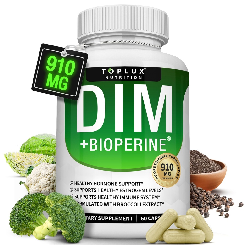 Dim Supplement 910 mg Plus BioPerine Complex - Diindolylmethaan ter ondersteuning van hormoonbalans en oestrogeen Metabolisme, helpt met Menopauze Acne PCOS Better Skin Bodybuilding, voor mannen Vrouwen, 60 capsules