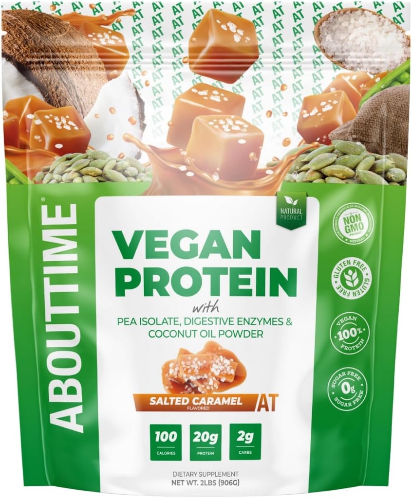 Over Time Vegan Proteïne Poeder 20g Gezouten Karamel, Natuurlijke Ingrediënten, Non-GMO, Plant Based, Glutenvrij, Sojavrij, Zuivelvrij, 32 Servers