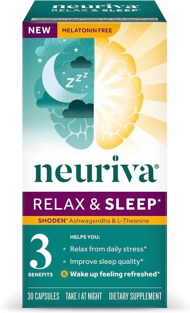NEURIVA Melatonine Gratis natuurlijke slaaphulp supplement met L-Theanine om u te helpen ontspannen & Ashwagandha om herstellende slaap te ondersteunen zodat u kunt wakker worden Gevoel opgefrist, 30ct capsules