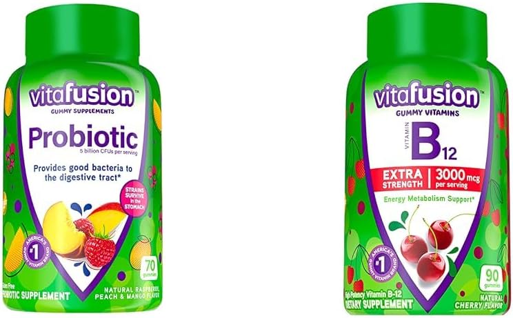 Vitafusion Probiotic Gummy Supplementen, Raspberry, Peach en Mango Smaken & Extra sterkte Vitamine B12 Gummy Vitaminen