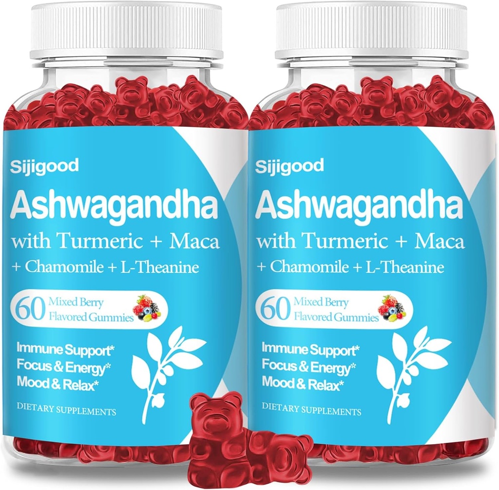 2 Pack Ashwagandha Gummies met L-theanine, Ashwa Root Supplement Gummy voor vrouwen Mannen, 120 gemengde Berry Flavored Gummies