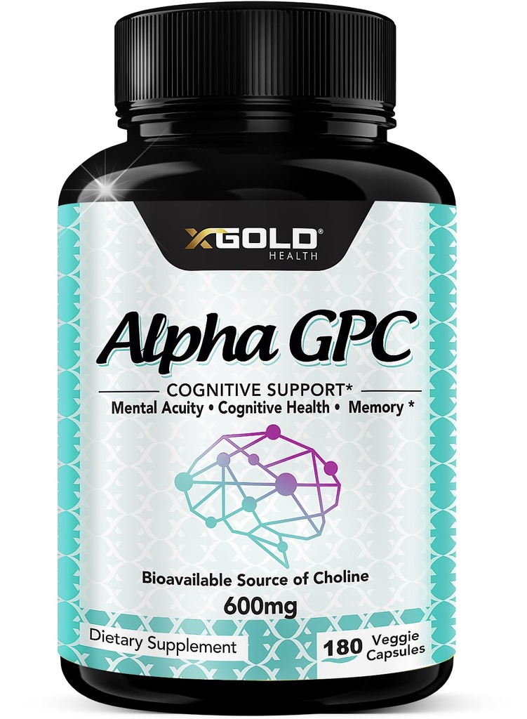 Alpha GPC Choline Supplement 600mg, 99%+ Hoog gezuiverde, zeer biologisch beschikbare bron van Choline,180 Veggie Capsules, Cognitive Enhancer Nootropic, Ondersteunt geheugen en hersenfunctie, Boosts Focus & Mood