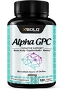 Alpha GPC Choline Supplement 600mg, 99%+ Hoog gezuiverde, zeer biologisch beschikbare bron van Choline,180 Veggie Capsules, Cognitive Enhancer Nootropic, Ondersteunt geheugen en hersenfunctie, Boosts Focus & Mood