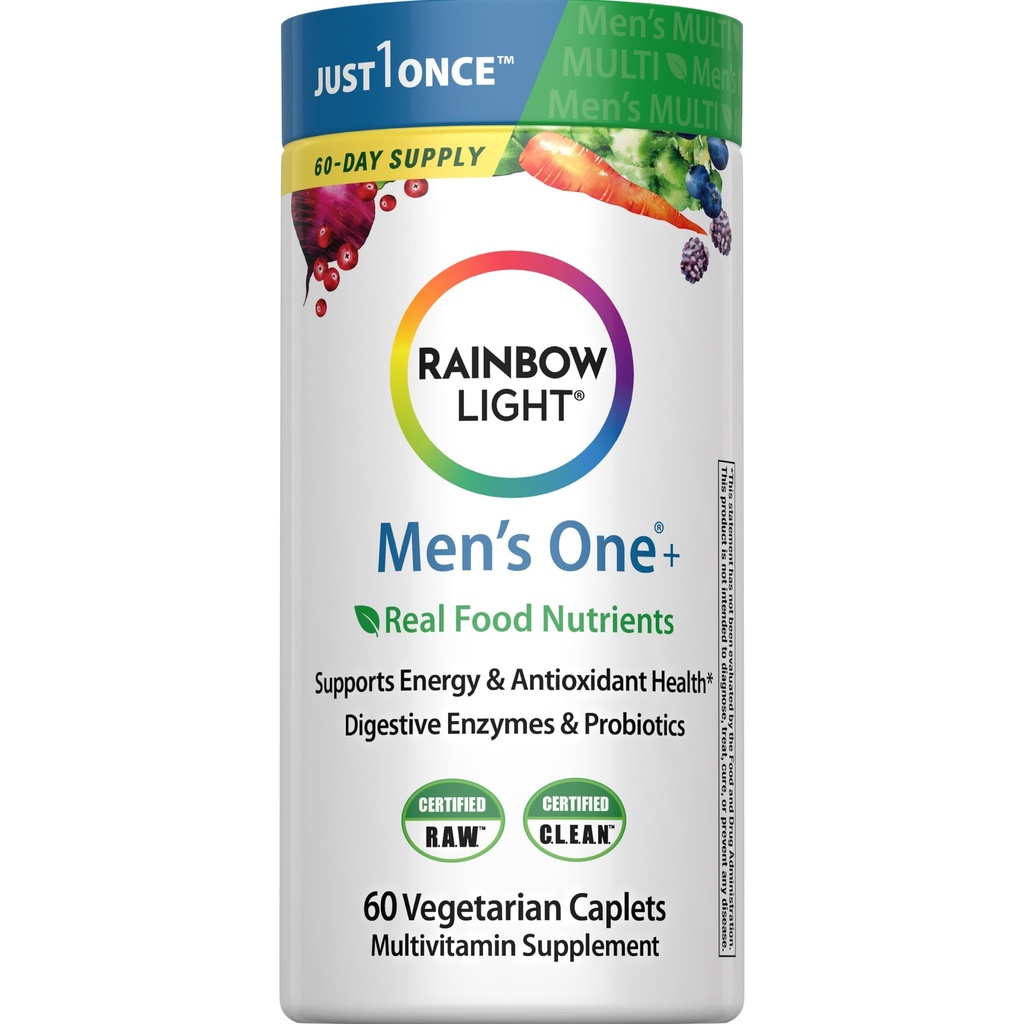 Rainbow Light Mens Multivitamin One + | 60 Caplets | Supports Energy & Antioxidant Health | with Real Food Nutrients, Digestive Enzymes & Probiotics
