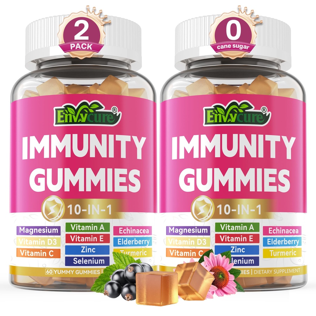 10 in 1 Immuun Ondersteuning Supplement Gummies, w/Echinacea, Vlierbes Vitamine C en Zink, Selenium, Vitamine D3 5000IU, Magnesium, Dagelijks Immuun Booster Multivitamine, voor Antioxidant Bone Energy, 2 Pack