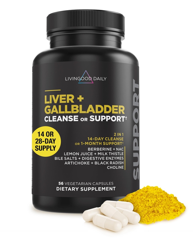 Livingood Dagelijkse lever en galblaas Reinigen of Ondersteuning Supplement met melkdistel, Oxbile, Bile Zouten, Digestieve Enzymen en Artichoke Leaf Extract, Digestieve Gezondheid en Lever Ondersteuning, 56 Capsules