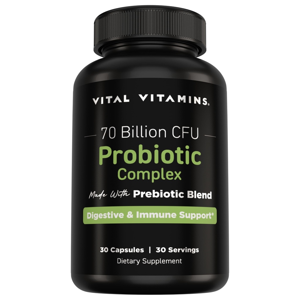 Vitale vitamines Probiotische Complex voor mannen en vrouwen - 70 miljard CFU - Gemaakt met Prebiotische Blend - Digestief, Gut Health, & Immune Support - Krachtige Blend van 10 Strains - 30 Capsules