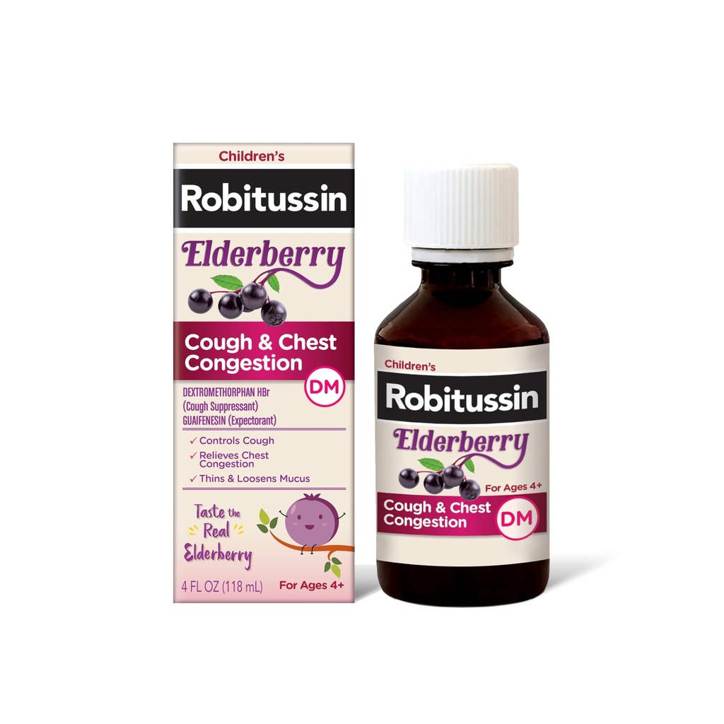 Robitussin Vlierbes Hoest + Borstcongestie DM Kinderen Hoest Geneeskunde, Borstcongestie Verlichting en Hoest Siroop - 4 Fl Oz