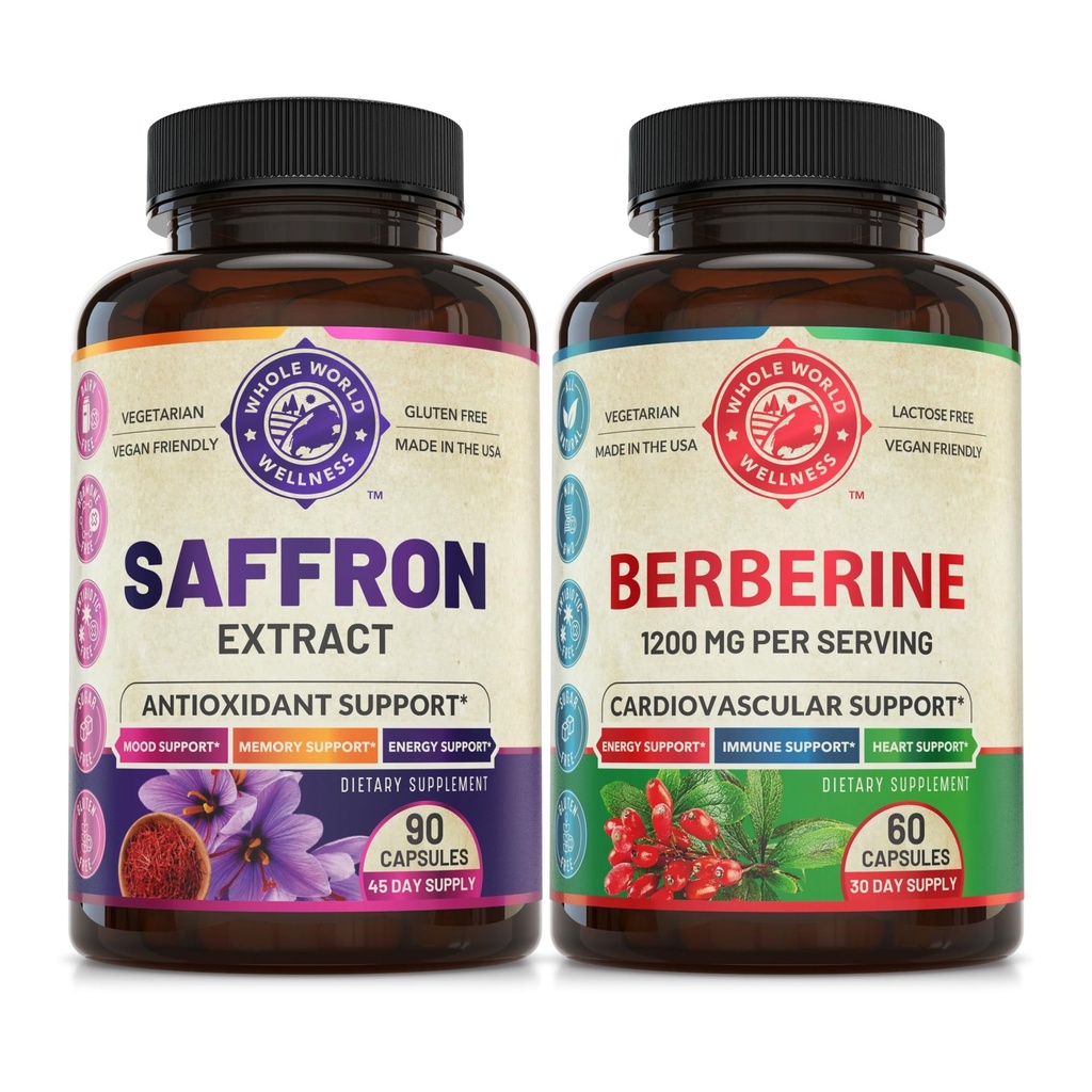 Pure Saffron Extract & Premium Berberine Bundle (Elke fles). Ondersteunt Mood, Energy Boost, Metabole Functie. USA Made.