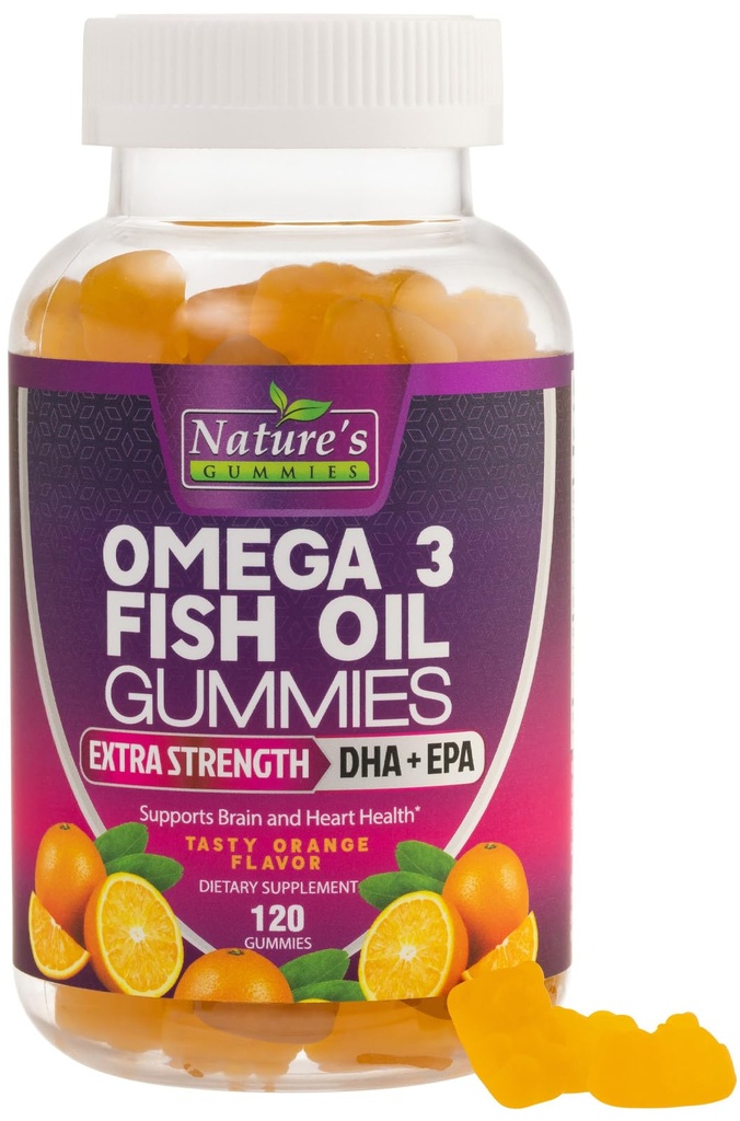 Omega 3 Fish Oil Gummies, Hart Gezonde Omega 3 Gummy Supplement met hoge absorptie DHA & EPA, Extra sterkte gezamenlijke & hersenen ondersteuning, Heerlijke Oranje Smaak Visolie Natuur vitamine - 120 Gummies