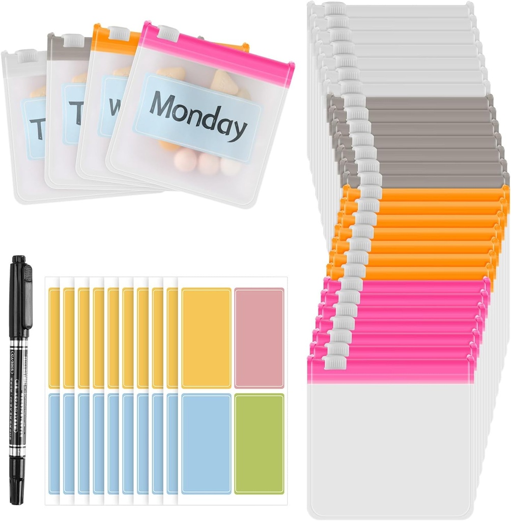 MARFOREVER 39 Stuks Pill Pouch Tassen - Pill zakjes Small Medicine Bags Travel Pill Organizer Herbruikbare Translucent Self Sealing 28 Stuks Plastic pil met Slide Lock 10 Sheets Labels en 1 Pc Marker