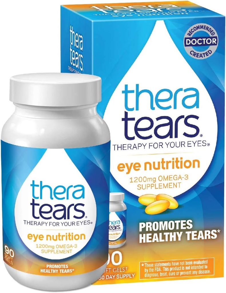 TheraTears 1200mg Omega 3 Supplement voor Eye Nutrition, Biologische Vlaszaad triglyceride Visolie en Vitamine E, 90 Tel.