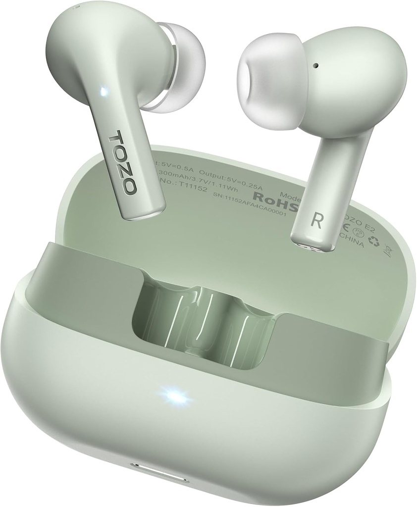 TOZO E2 draadloze oordopjes met 2 Mics AI Call Noise Annulering, 10mm stuurprogramma's met krachtige bas, App aanpassen 32 EQs, 30H Playtime, Bluetooth 5.3 oor Buds, Comfort Fit in-ear hoofdtelefoons