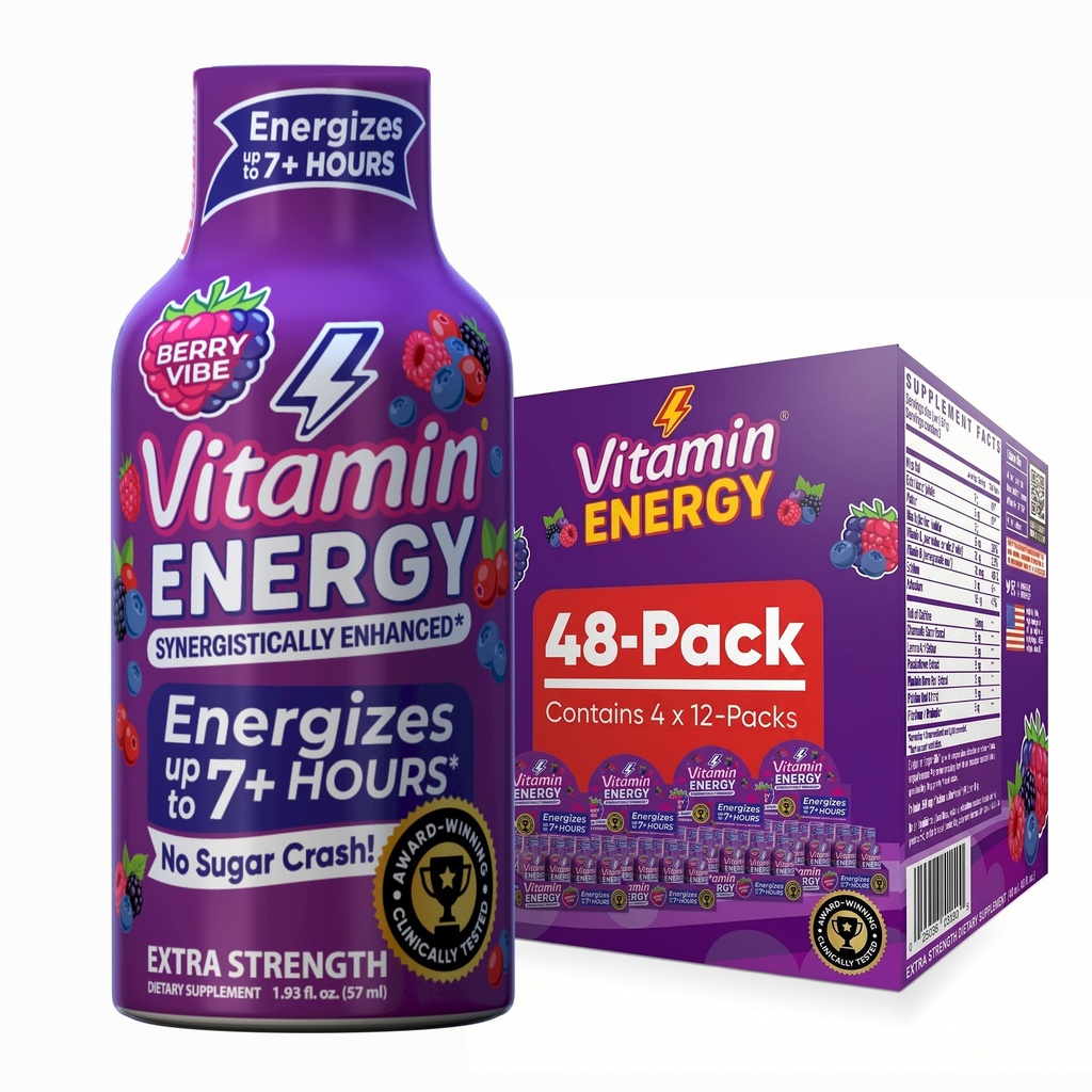 Vitamine Energie Mood+ Extra sterkte Energie Shot Tropische Berry 48 Pack, 260mg Natuurlijke Cafeïne, B-Vitaminen, Rhodiola, Kamille, Mood & Energy Support, Zero Sugar, Gluten-Free, Veganistan, 1,93 fl oz