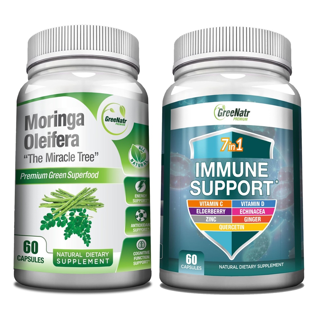 GreeNatr Energy Support & Immune Defense Bundle: Pure Moringa Oleifera Leaf Extract Veggie Capsules (1000 mg) met 7-in-1 Immune Support Formula for Energy, Mood, Memory, Focus