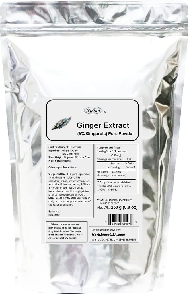 Gemberwortelextract 250g (8,8 oz) Poeder gestandaardiseerd 5% Gingerol, ondersteuning spijsverteringssysteem