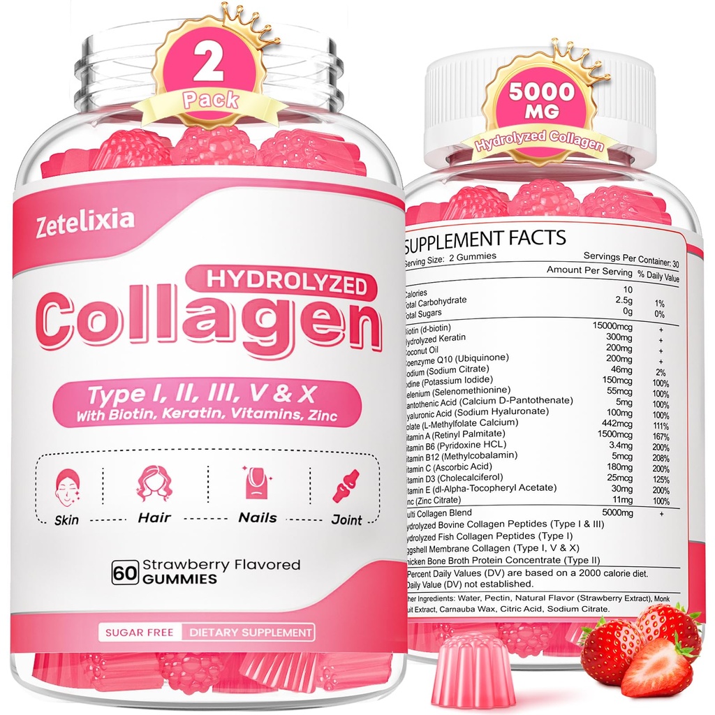 2 Pack Collageen Gummies for Women Mannen, Gehydrolyseerde Collageen Peptide Type I,II,III,V,X met Biotine, Vitamine C A B D E voor huidhaar Nagels J0ints, Immunity Energy Digestie, Suikervrij, 120 Tellen