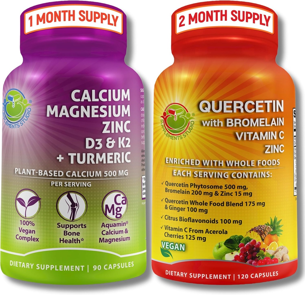Bone & Immune Support Bundle - Quercetin 500mg with Bromelain, Zinc, Vitamin C & Organic Whole Foods + Plant-Based Calcium 500mg, Magnesium, D3, K2 & Turmeric - Vegan, Non-GMO, Clean Label