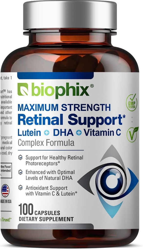 biophix Retinale Ondersteuning Maximale sterkte Complexe Formula 100 Capsules - Zink Vitamine C E Lutine DHA Omega-3 Astaxanthine Hyaluronzuur - Ondersteunt Oogzicht Gezondheid