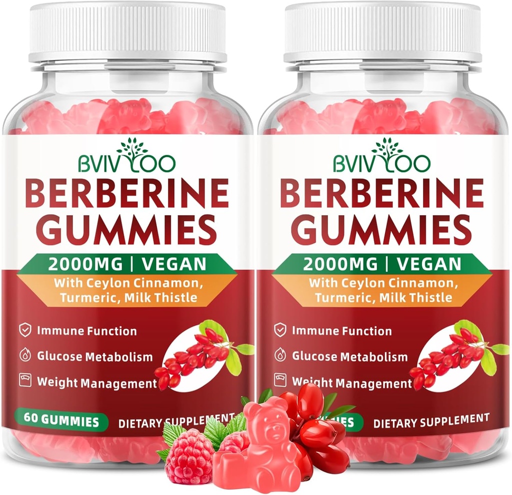 2 Pack Berberine Gummies, 2000mg High Potency Berberine HCI Supplement, Plus Ceylon Cinnamon, Milk Thistle for Women & Men, Immuun System & Metabolisme Support - 120 Gummies