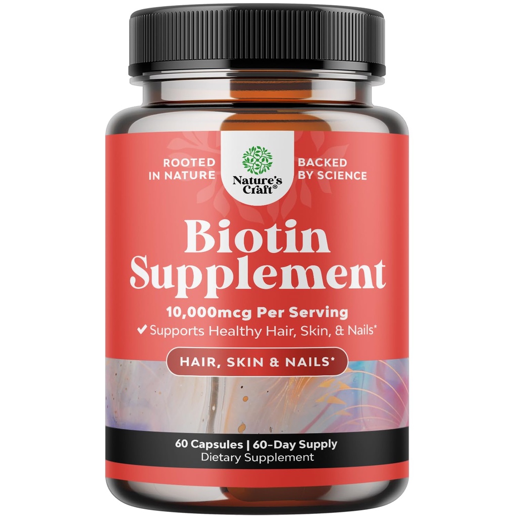 Natures Craft 10000 mcg Pure Biotin pillen voor vrouwen Mannen - bevordert Thicker en Fuller Haar. Natuurlijke supplement voor glanzende dikke haargroei - Vegetarische vitamine Capsules - Krijg duidelijke huid sterke nagels