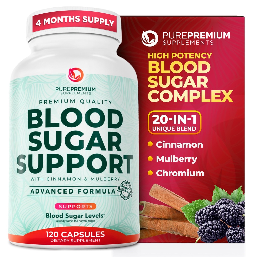 PurePremium Normal Blood Sugar Support Supplement - 20 Actieve Ingrediënten Complex ter ondersteuning van bloedsuiker niveaus al in het normale bereik - met kaneel, Bitter Meloen, Chroom, Mulberry - 120ct