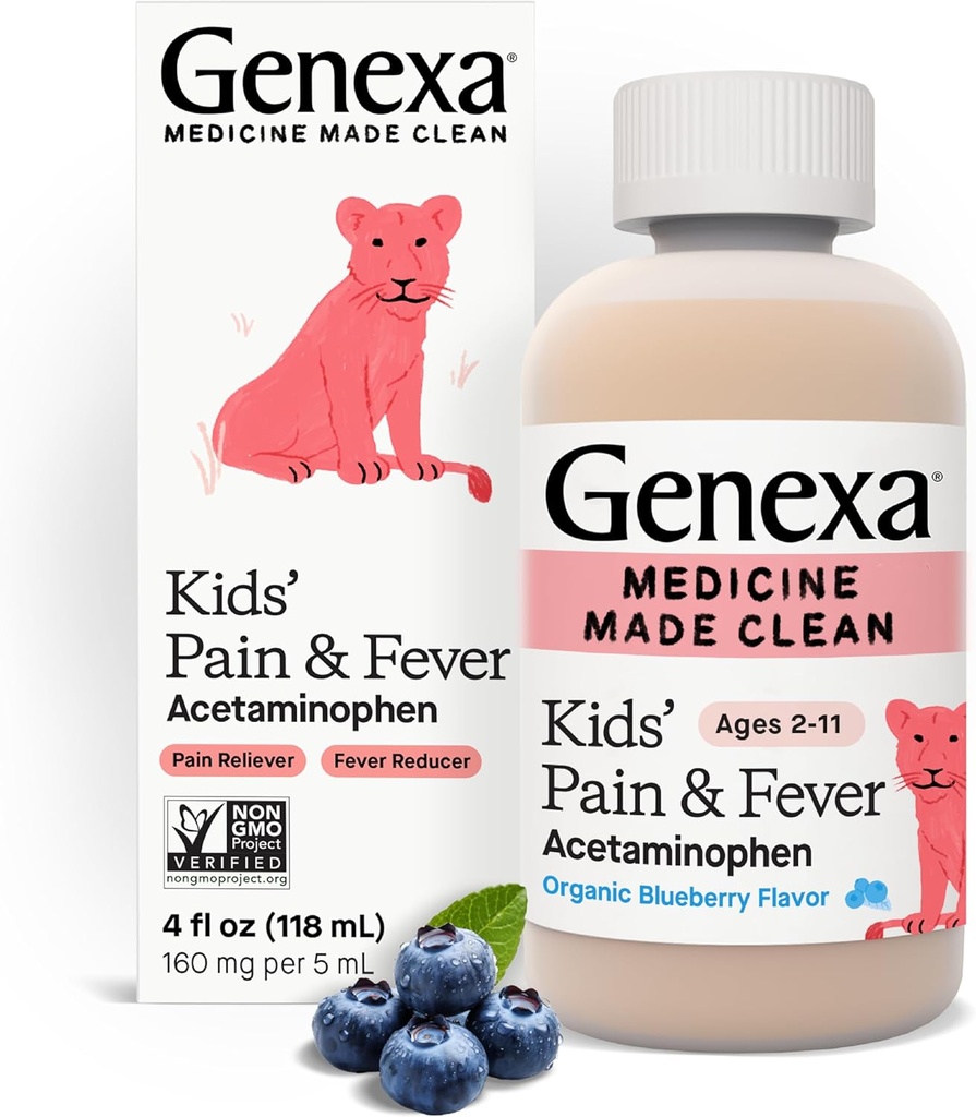 Genexa Acetaminofene Pijn & koorts Orale suspensie Geneeskunde - 4oz - Voor kinderen 2 - 11 jaar Oud, tijdelijk verlicht pijn en koorts symptomen, 160 mg per 5 ml- Biologische bosbessen smaak