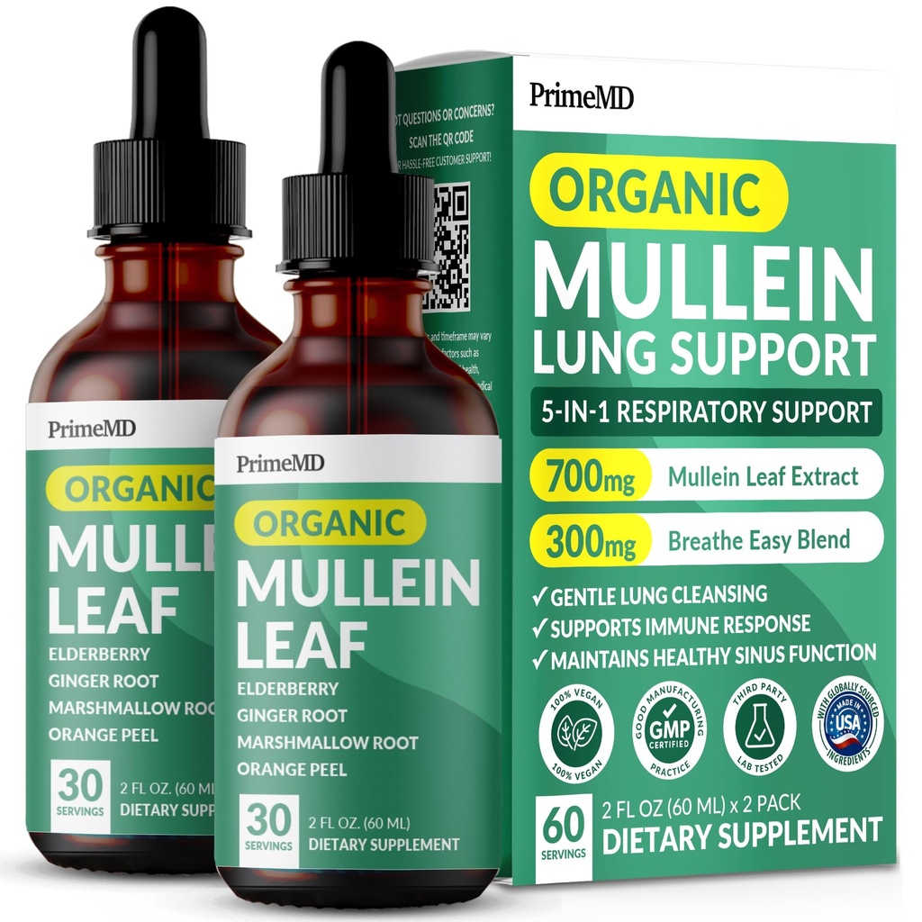 5-in-1 Mullein druppels voor de longen en bronchial - Respiratory Lung Health Support met Mullen Leaf Extract voor de longen - Mullein Tinctuur met Vlierbessen, Echinacea en Gemberwortel (60 Servers) (2-pack)