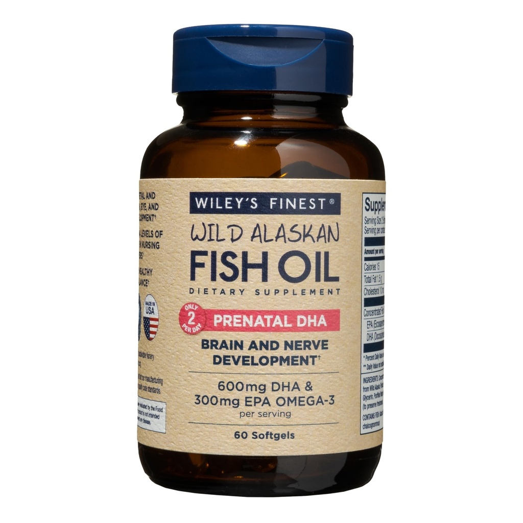 Wiley's Finest Wild Alaska Fish Oil Prenatale DHA - 900mg EPA en DHA Omega-3's voor zwangere vrouwen en verpleegstermoeders - 60 Softgels (30 Prenatale vitamines)