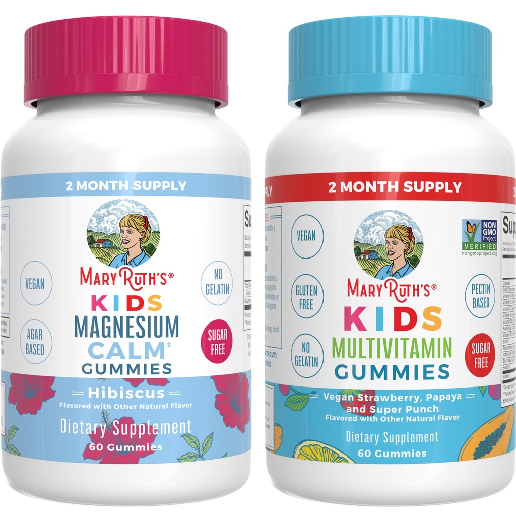 MaryRuth Organics Multivitamine (Strawberry) en Magnesium Calm Gummies (Hibiscus) voor kinderen 