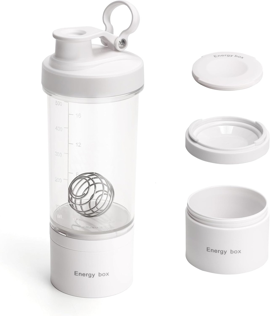Blender Proteïne Shaker Tritan fles met pil / Powder opslag container voor eiwit Shakes-pre workout fles-Mixer Cup-Gym Sport waterfles met Wire Whisk ballen wit
