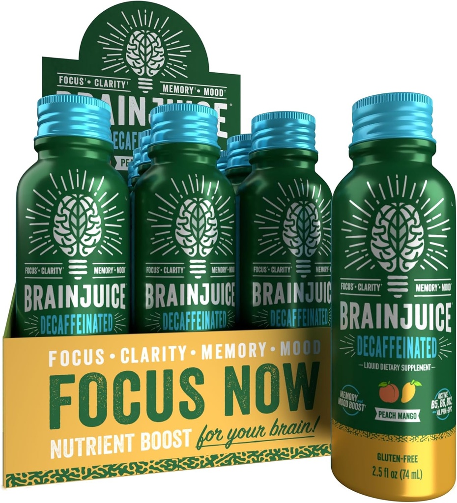 BrainJuice Decafeïne Hersenen Ondersteuning Shot, Glutenvrije Supplement Shots voor energie & focus, gezonde drankjes met Alpha GPC, Vitamine B & Decafeïnated Green Tea Leaf, Peach Mango, 2,5 fl oz, 12 Pack