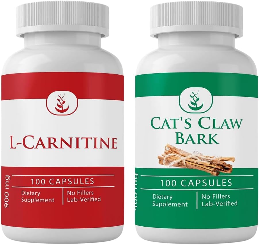 PURE ORIGINEEL INGREDIËNTEN L-Carnitine en Cat's Claw Bark Bundle, 100 capsules Elke, altijd zuiver, Geen additieven of fillers