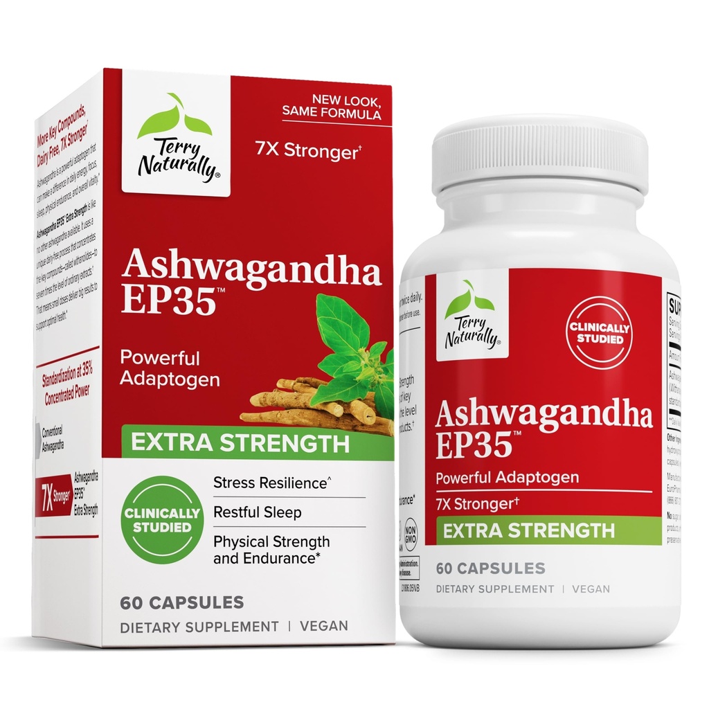 Terry Naturally Ashwagandha EP35 Extra sterkte - Kruidensupplement voor slaapondersteuning - Hulp bij gezonde stressrespons - Endurance & Energy Support - 60 capsules (60 porties)