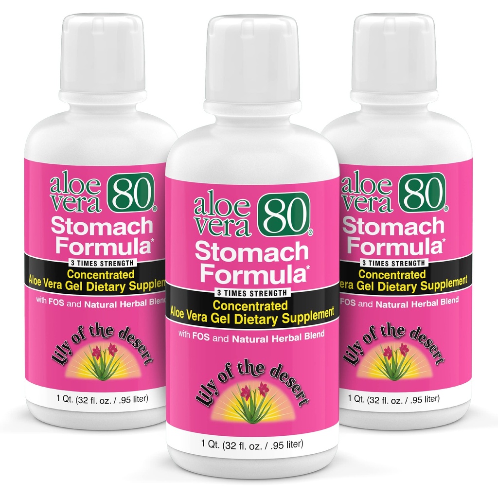 Lily Of The Desert Stomach Formula, Aloë Vera 80 Gel - Geconcentreerde Aloë Vera Juice met Slippery Elm, Kamille, Pepermunt, en Ginger voor Gut Health, Heartburn, Acid Reflux, 32 Oz (Pack of 3)