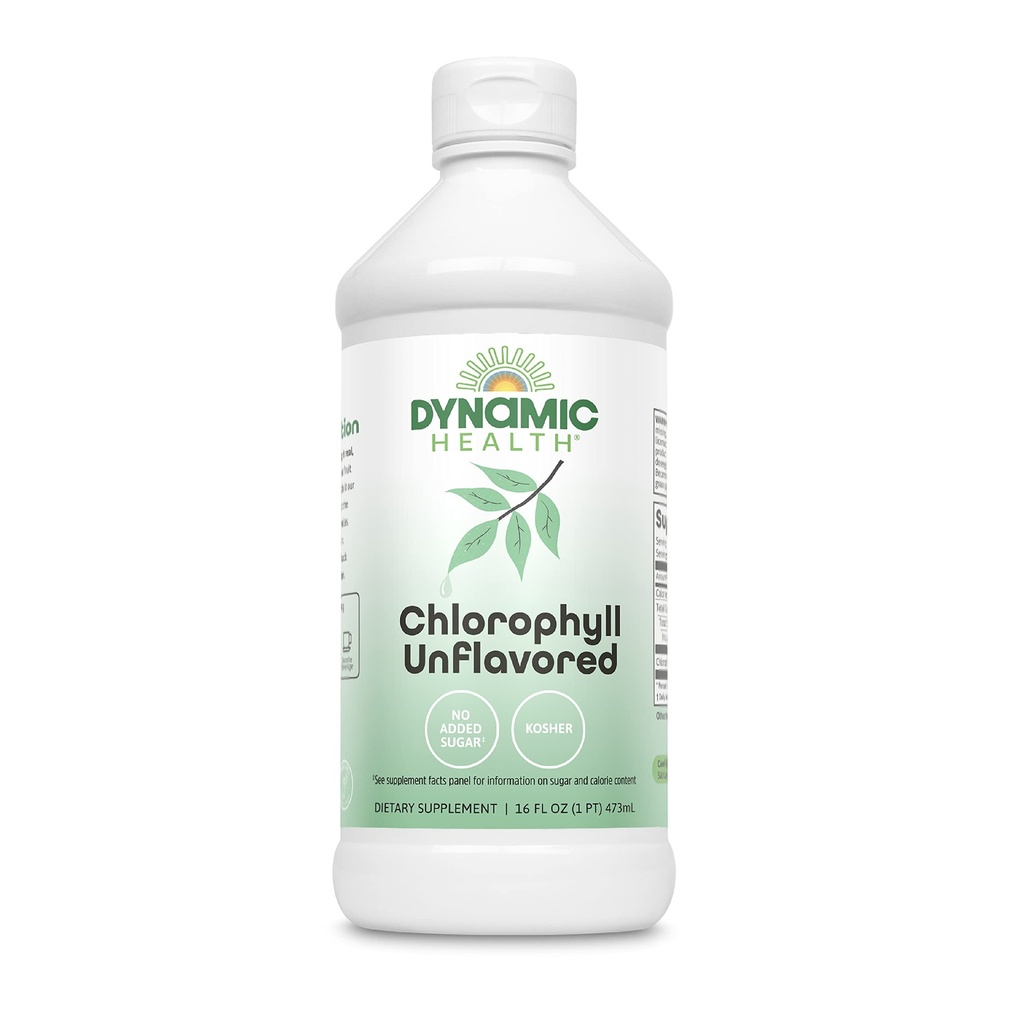 Dynamic Health Liquid Chlorofyl Unflavored 100 mg, Natrium Koper Chlorofylen met Alfalfa en Mulberry bladeren, Plant Cleanse en Deodoriseren, Geen toegevoegde suiker, 16 Fl Oz