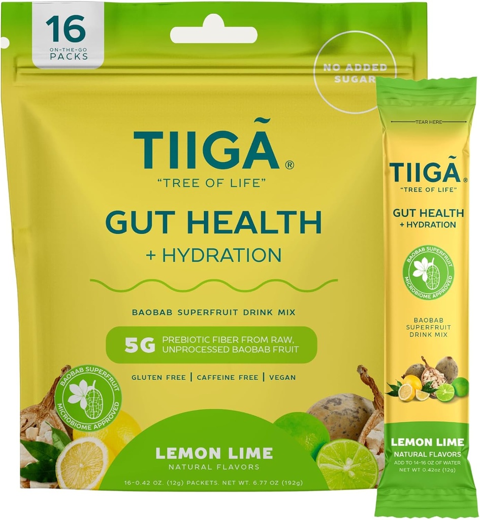 Tiiga Gut Health + Hydration Drink Mix – 7g Baobab, 5g Prebiotic Fiber, Electrolytes, No Dairy, Vegan, No Added Sugar, Digestion, Regularity, & Constipation – 16 Servings