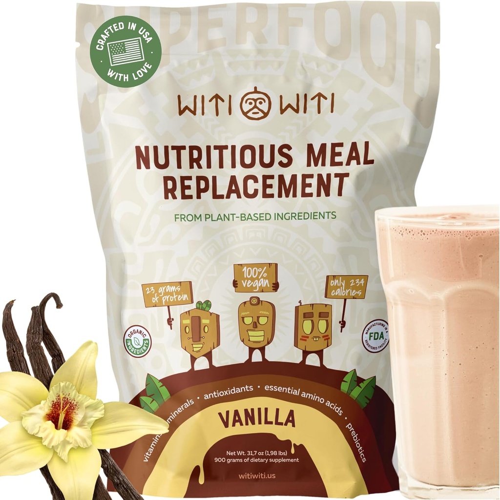 WitiWiti Vegan Meal Replacement, Vanille - Plant Based Protein Powder 23g - Superfood, Greens, Prebiotica, Vitaminen en Mineralen - Dairy&Gluten Free - All in one Shake for Women & Men, 15 Svgs