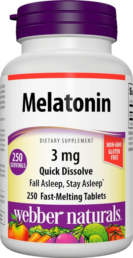 Webber Naturals Melatonine 3 mg, Easy Solution, 250 tabletten, 100% Drug Gratis slaaphulp voor volwassenen, Glutenvrij, Non-GMO, Geschikt voor vegetariërs