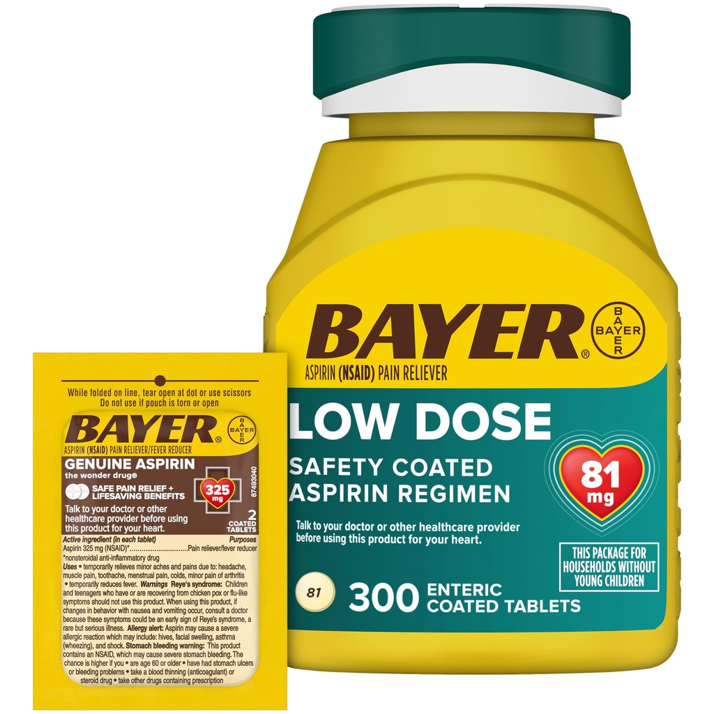 Bayer Aspirine 81mg Enteric Coated Tablets 300ct and 2 Count Travel Pack of Originele Aspirine 325mg Coated Tablets
