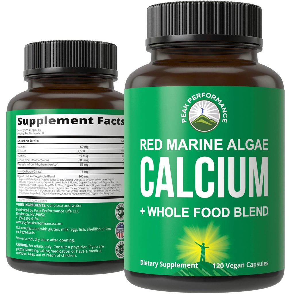 Plant-based Calcium - Red Marine Algen Calcium Supplement met vitamine C, D3, K, Magnesium, en het hele voedsel plantaardige Blend. Vegan Capsules voor botten en gewrichten. 120 pillen, tabletten