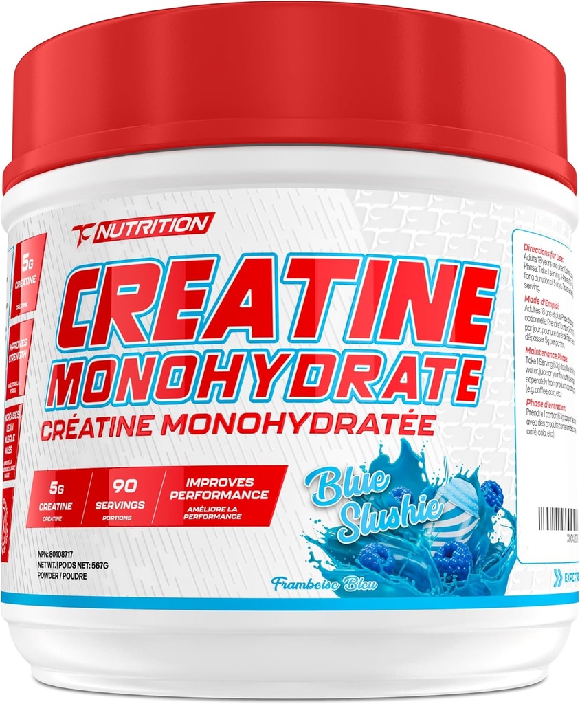 TC Voeding Creatine Monohydraat Poeder 5g - Pure Creatine Poeder voor verhoogde sterkte, spiergroei, verbeterde duurzaamheid en prestaties (90 porties - Blue Slushie, 90 porties - Blue Slushie)