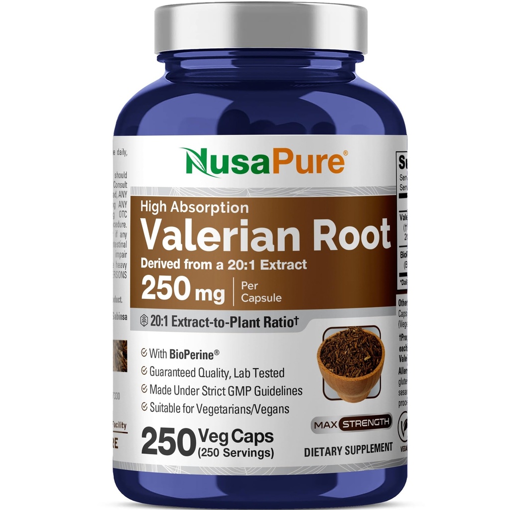 NusaPure Valeriaanwortel 20:1 Extract, 250 mg Equivalent aan 5000 mg Per Veggie Caps, 250 Graaf, Veganist, Non-GMO, Bioperine