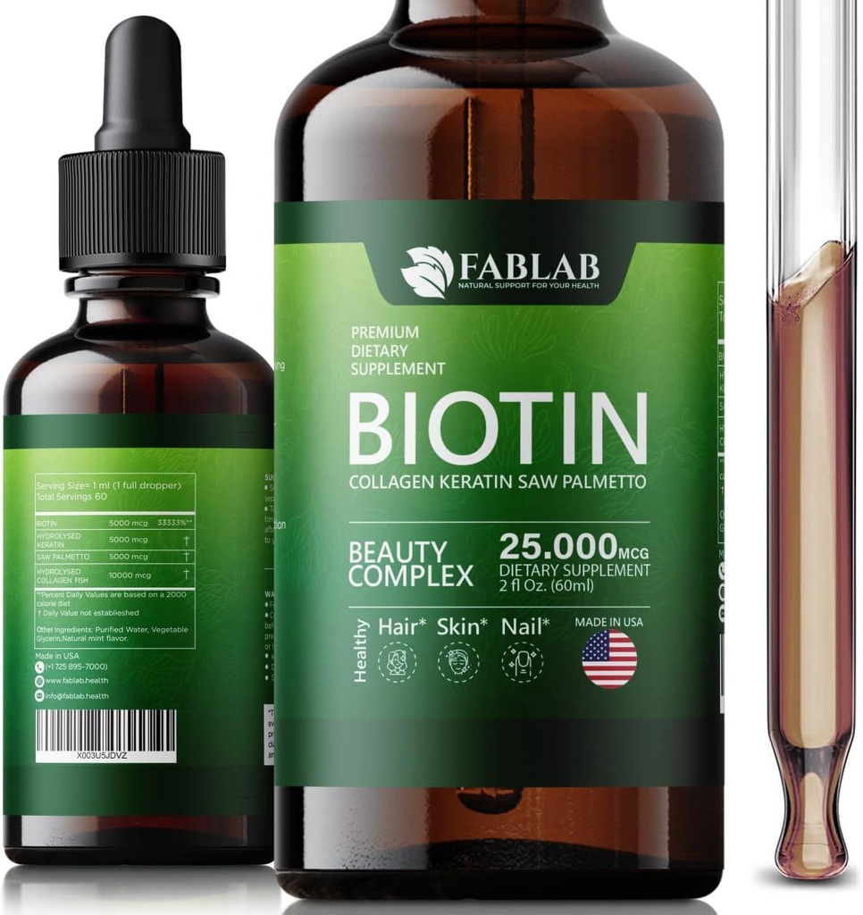 FabLab Biotin met Collageen, Keratine en Saw Palmett 25000msg Extract - gezonde haarhuid & Nails voor volwassenen, Geen Filler, Geen Stearate-Anti Aging Collageen Vitaminen voor mannen & vrouwen- 2 Fl Oz