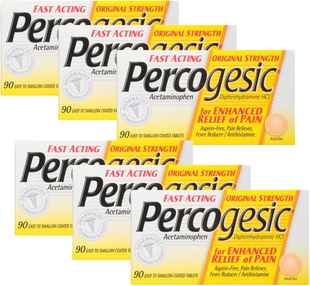 Percogesic Aspirine Free Pain Relief Tablets, Original Strength, Acetaminophen and Difenhydramine, 90 CT (Pack of 6)
