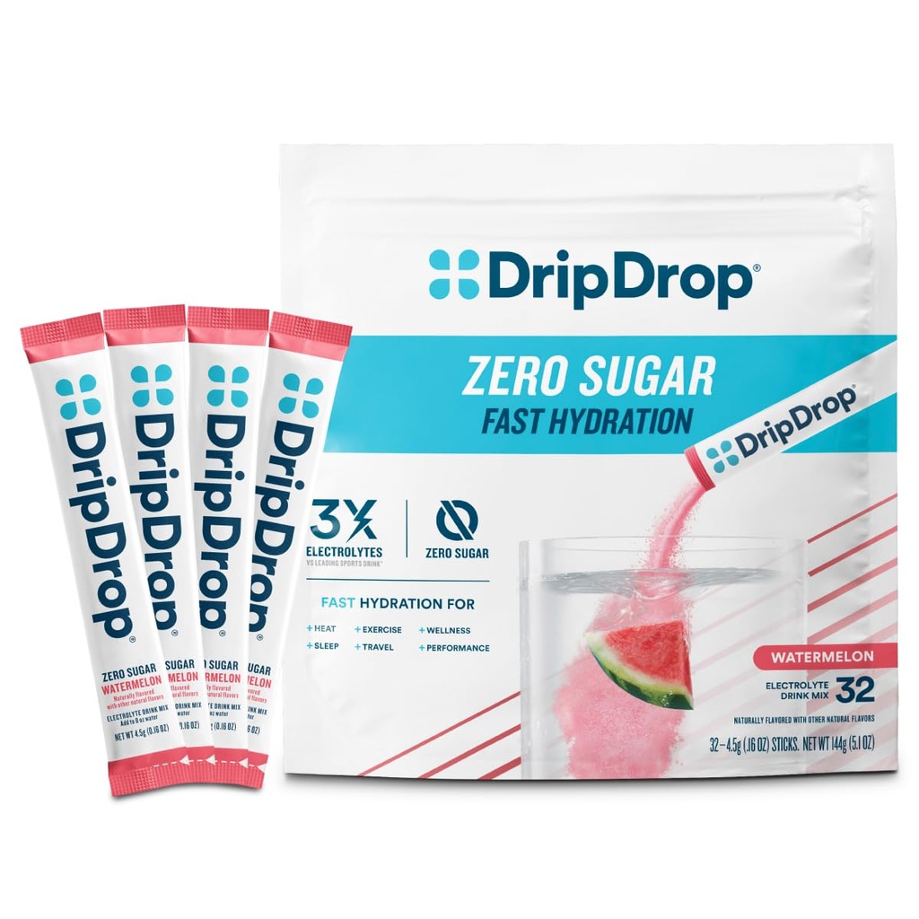 DripDrop Sugar Free Hydration Packets - Zero Watermeloen - Single Serve Electrolytes Powder Drink Mix - Non-GMO, Glutenvrij, Veganistisch - 32 Sticks