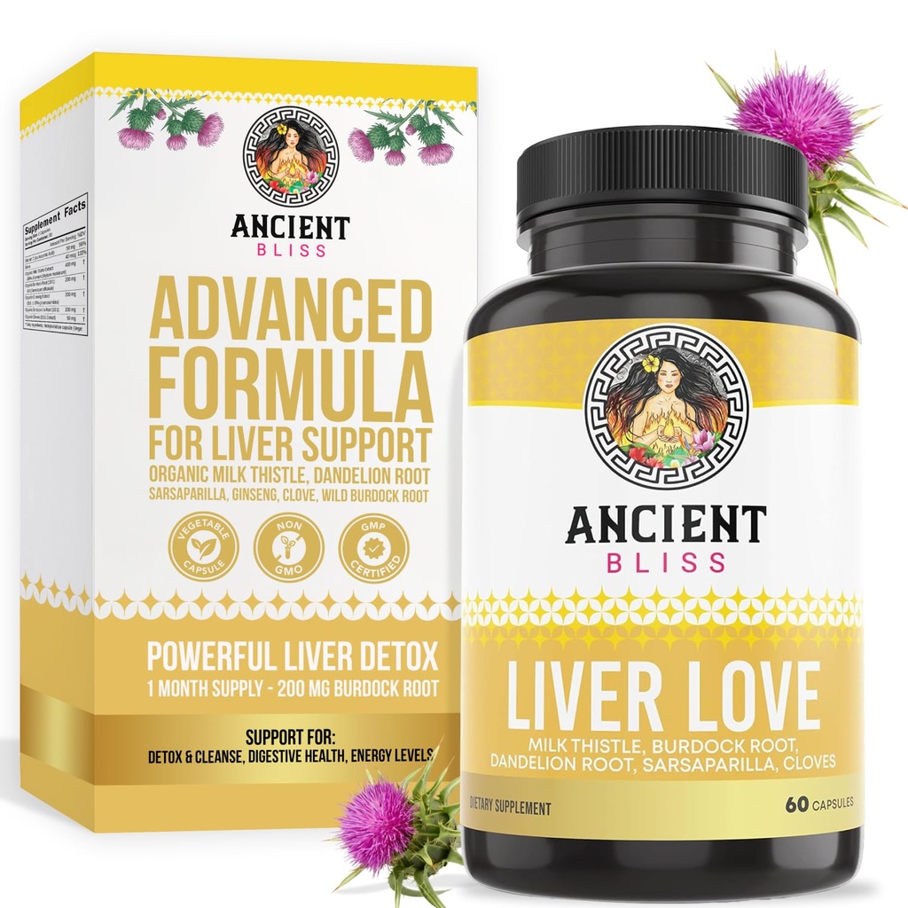 Ancient Bliss Liver Love - Natural Milk Thistle Liver Detox and Liver Health Cleanse Supplement - Support Healthy Liver in Men and Women - 60 Capsules - with Burdock, Dandelion, Cloves, and More