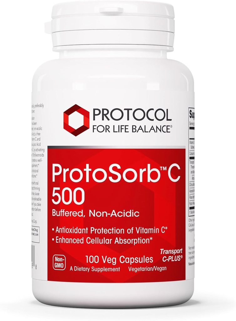 Protocol Protosorb C 500 - Zeer absorbeerbare vitamine C - voor het immuunsysteem & Bone Health Supplement* - met Alpha-Lipoïnezuur - Gebufferde, niet-acide vitamine C - 100 Veg Caps