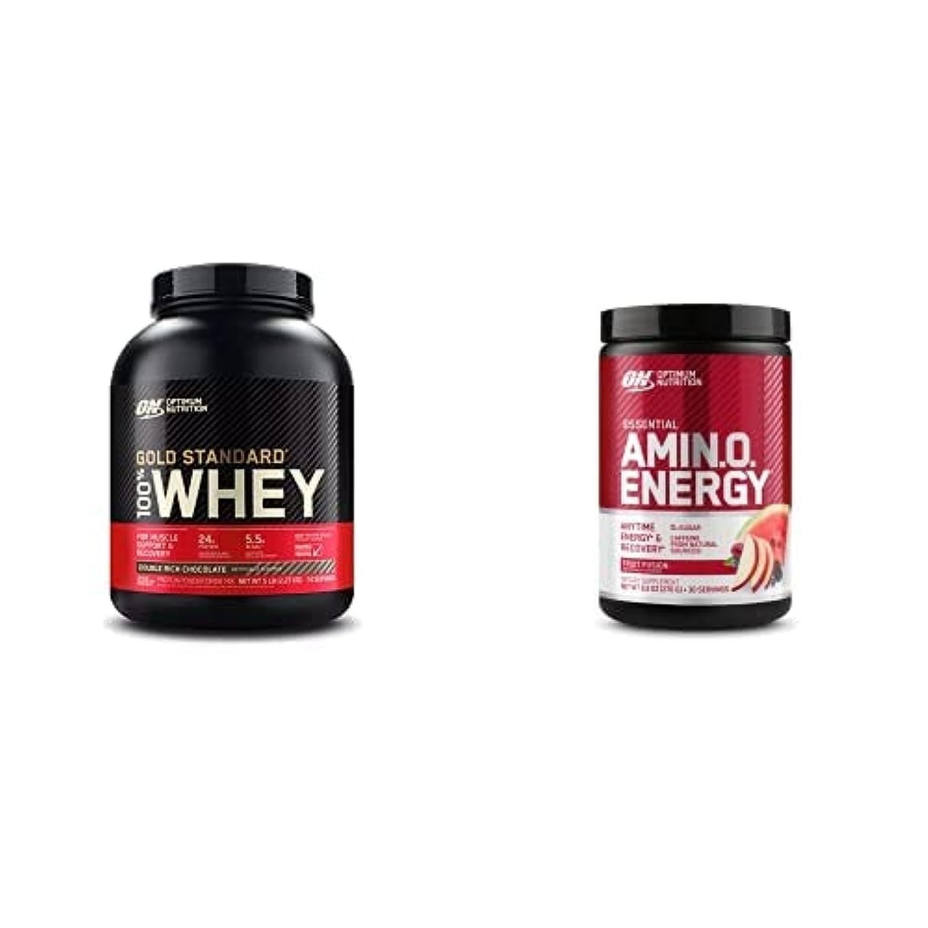 ON Gold Standard 100% Whey Protein Primary Source Isolate - Double Rich Chocolate 74 Servings + ON Amino Energy - BCAA, Amino Acids, Keto Friendly, Green Coffee Extract- Fruit Fusion, 30 Servings